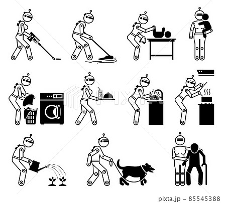 Robot humanoid robotic house helper maid housework caretaker cyborg working chores. Vector illustrations of robot human cleaning, babysit, cooking, washing, taking care of baby, elderly, and pet dog. 85545388