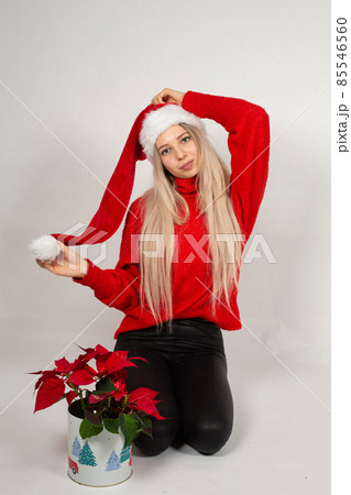 Young white european woman on grey Young white european woman on grey 85546560