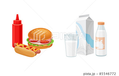 Fast Food with Hot Dog and Hamburger and Dairy Milk Foodstuff in Bottle and Carton Vector Set 85546772