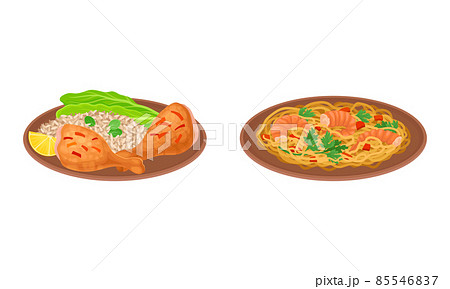 Appetizing Thai Cuisine Dish with Shrimp and Noodle Rested on Plate Vector Set 85546837