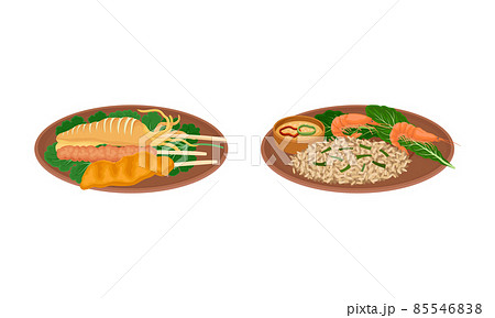Appetizing Thai Cuisine Dish with Rice and Shrimp on Skewers Rested on Plate Vector Set Appetizing Thai Cuisine Dish with Rice and Shrimp on Skewers Rested on Plate Vector Set 85546838