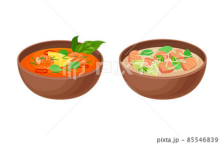 Appetizing Thai Cuisine Dish with Shrimp and Salmon Creamy Soup in Bowl Vector Set 85546839