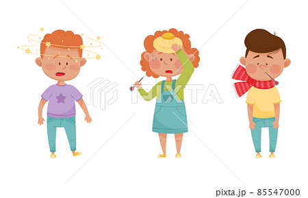 Sick Children Suffering from Common Disease Symptom Vector Set 85547000
