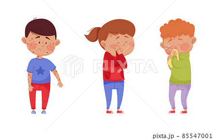 Sick Children Suffering from Common Disease Symptom Vector Set Sick Children Suffering from Common Disease Symptom Vector Set 85547001