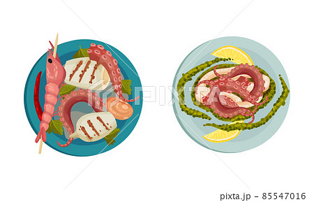Cooked Octopus, Shrimp and Squid as Seafood Dish Above View Vector Set 85547016
