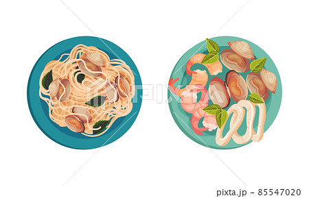 Noodles with Mussels and Shrimp with Squid as Seafood Dish Above View Vector Set 85547020