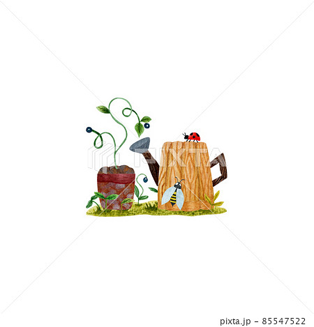 watercolor illustration of a spring vegetable garden with a watering can (freehand) 85547522