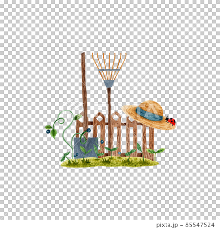 watercolor illustration of a spring vegetable garden with wooden fence and straw hat (freehand) watercolor illustration of a spring vegetable garden with wooden fence and straw hat (freehand) 85547524