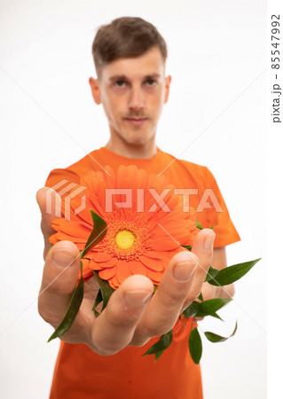 Young man with flower on white Young man with flower on white 85547992