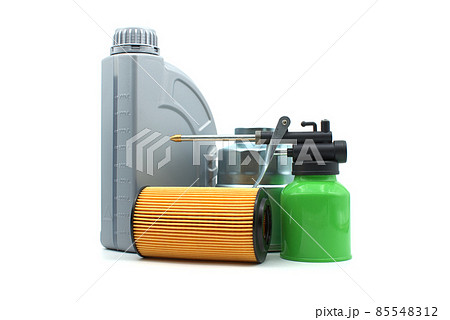 Motor oil and oil filters over white background Motor oil and oil filters over white background 85548312