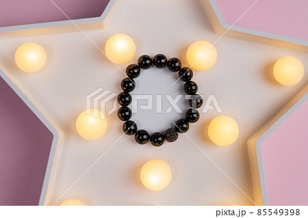 Handmade bracelet made of agate stones close-up. Handmade bead bracelet. 85549398