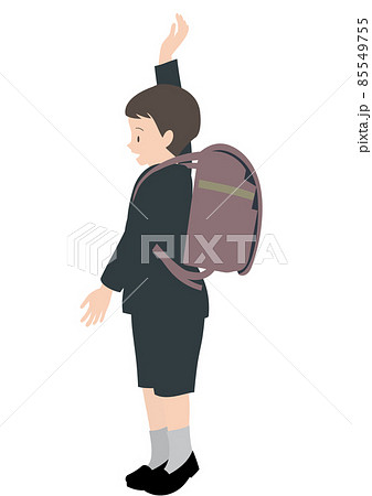 イラスト素材：ランドセルを背負って笑顔で元気よく手をあげている男の子 85549755