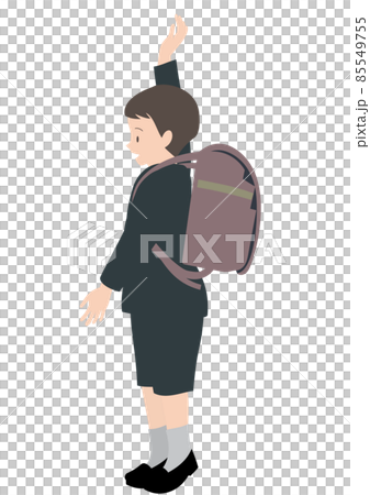 イラスト素材：ランドセルを背負って笑顔で元気よく手をあげている男の子 85549755