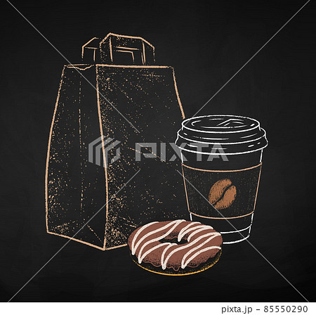 Coffee cup with paper bag and donut 85550290