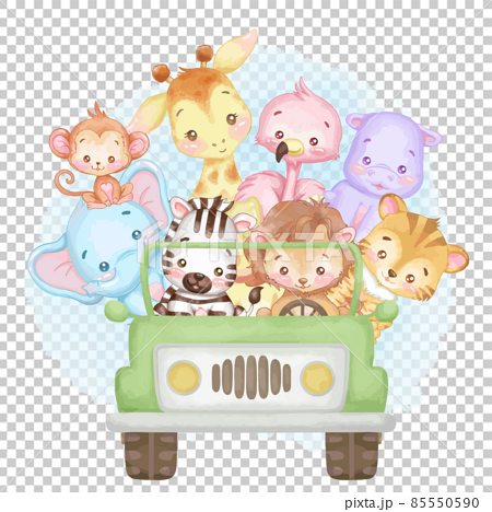 Cute baby animals in a green car. Watercolor and vector illustrations. 85550590