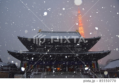 雪の中の増上寺と東京タワー 雪の中の増上寺と東京タワー 85550770