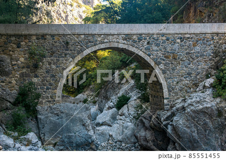 ancient Roman bridge over a shady gorge in the Kesme Bogazi canyon, Turkey 85551455
