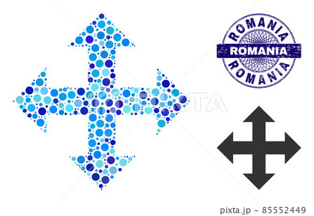 Scratched ROMANIA Round Guilloche Seal and Expand Collage Icon of Round Dots Scratched ROMANIA Round Guilloche Seal and Expand Collage Icon of Round Dots 85552449