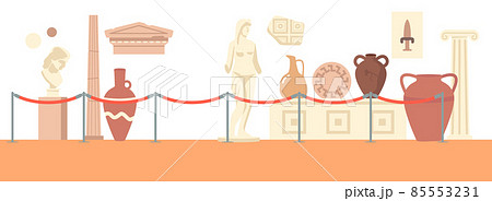 Empty Archeology or Anthropology Interior with Ancient Classical Amphora, Statue of Greek Goddess, Marble Pillar, Dishes Empty Archeology or Anthropology Interior with Ancient Classical Amphora, Statue of Greek Goddess, Marble Pillar, Dishes 85553231
