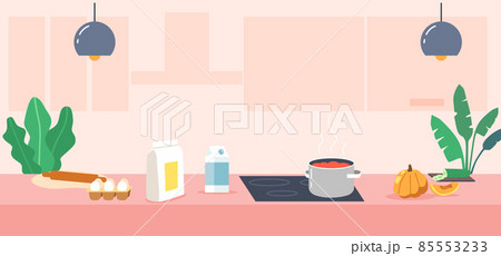Modern Kitchen Empty Interior with Appliances and Furniture. Table, Oven, Range Hood and Utensil. Desk with Cooking Pan Modern Kitchen Empty Interior with Appliances and Furniture. Table, Oven, Range Hood and Utensil. Desk with Cooking Pan 85553233