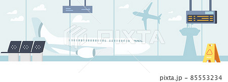 Airport Waiting Room, Empty Terminal Interior With Chairs and Schedule Display. Departure Area with Seats and Window Airport Waiting Room, Empty Terminal Interior With Chairs and Schedule Display. Departure Area with Seats and Window 85553234