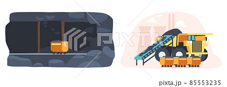 Coal Mining Interior, Quarry with Heavy Industrial Machinery and Transport. Dump Truck Loading Charcoal or Metal Ore Coal Mining Interior, Quarry with Heavy Industrial Machinery and Transport. Dump Truck Loading Charcoal or Metal Ore 85553235