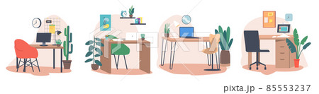 Set Workplace Interior, Empty Work Space of Business Character or Freelancer with Office Desk, Computer, Laptop Set Workplace Interior, Empty Work Space of Business Character or Freelancer with Office Desk, Computer, Laptop 85553237