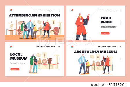 Family Visiting Museum Landing Page Template Set. Parents and Kids Learn Ancient History, Watching Old Vases with Guide 85553264
