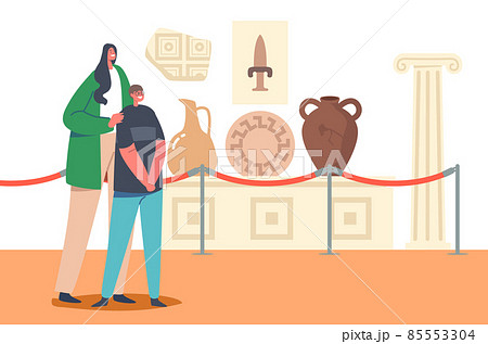 Family Characters Mother and Son Visit Museum of Ancient History Watching Old Vases, Crockery, Weapon and Architecture 85553304