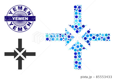 Distress YEMEN Round Guilloche Stamp and Compress Arrows Collage Icon of Round Dots Distress YEMEN Round Guilloche Stamp and Compress Arrows Collage Icon of Round Dots 85553433