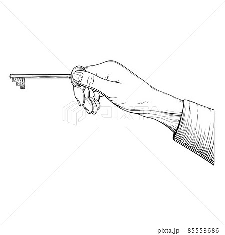 Male Hand holding ancient key. Vintage stylized drawing. Vector hand drawn style 85553686
