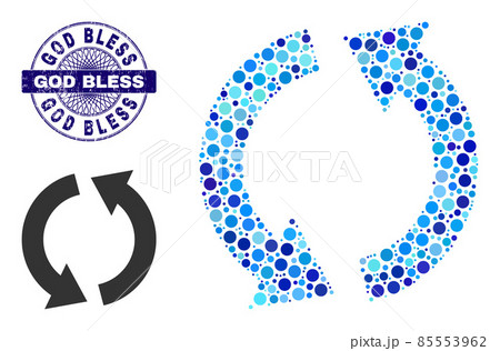 Scratched GOD BLESS Round Guilloche Seal and Recycle Collage Icon of Round Dots 85553962