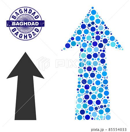 Distress BAGHDAD Round Guilloche Seal Stamp and Arrow Up Mosaic Icon of Round Dots 85554033