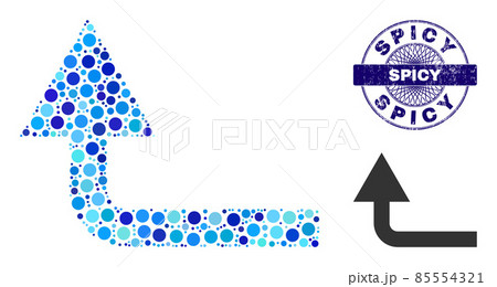 Scratched SPICY Round Guilloche Seal Stamp and Turn Forward Collage Icon of Round Dots 85554321