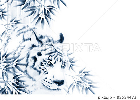 迫力のある白虎と竹林の水墨画風イラスト ハガキ比率 渋い青色 横 高解像度 他色有り 迫力のある白虎と竹林の水墨画風イラスト ハガキ比率 渋い青色 横 高解像度 他色有り 85554473