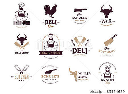 Butcher shop, gourmet, deli store logo design. Hipster butcher, knifes and cow symbols 85554629