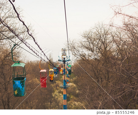 Odessa, Ukraine - 04 19 21: old soviet still functioning cable way funicular touristic attraction decorated with funny cartoon characters Odessa, Ukraine - 04 19 21: old soviet still functioning cable way funicular touristic attraction decorated with funny cartoon characters 85555246