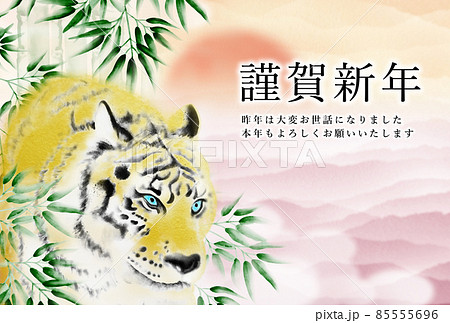 初日出と赤茶色の雲海を背景に竹林から姿を現す虎の年賀状イラスト 横 ハガキ比率 高解像度 他色有り 初日出と赤茶色の雲海を背景に竹林から姿を現す虎の年賀状イラスト 横 ハガキ比率 高解像度 他色有り 85555696