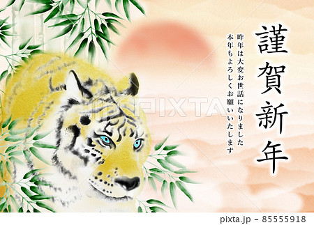 初日出と橙色の雲海を背景に竹林から姿を現す虎の年賀状イラスト 横 ハガキ比率 高解像度 他色有り 初日出と橙色の雲海を背景に竹林から姿を現す虎の年賀状イラスト 横 ハガキ比率 高解像度 他色有り 85555918