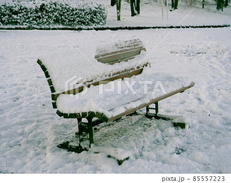 雪が積もった公園のベンチ 85557223