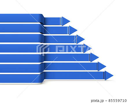 紆余曲折を経て右に前進を続ける7本の矢印。プロジェクトの進捗を表すコンセプト。白バック。 85559710