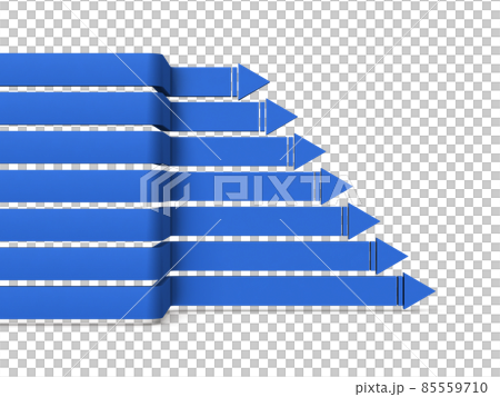 紆余曲折を経て右に前進を続ける7本の矢印。プロジェクトの進捗を表すコンセプト。白バック。 85559710