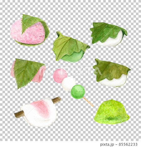 Hand-drawn watercolor illustration set of spring Japanese sweets (Sakura mochi, Domyoji, Kashiwa mochi, Hanabira mochi, Uguisu mochi, Sanshoku dango) 85562233