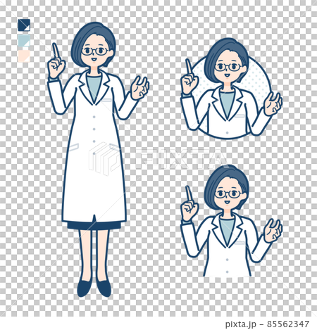Illustration of a female doctor in a lab coat talking 85562347