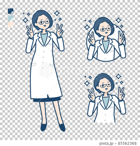 Illustration of a female doctor in a white coat doing a peace sign 85562368