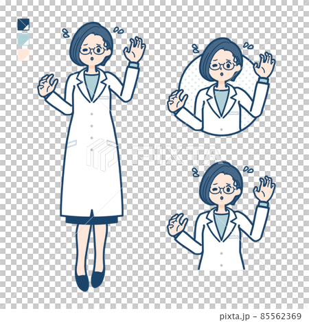 白衣を着た女性医師があわてているイラスト 85562369