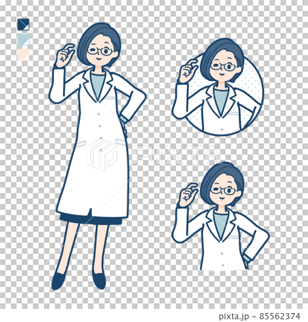 白衣を着た女性医師がちょっとだけのハンドサインをしているイラスト 85562374