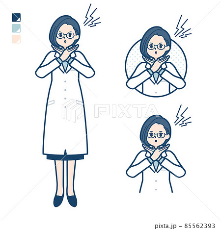 白衣を着た女性医師が腕でばってんを作っているイラストのイラスト素材