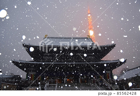 雪の中の増上寺と東京タワー 雪の中の増上寺と東京タワー 85562428