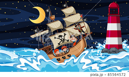Ocean with Pirate ship at night scene in cartoon style Ocean with Pirate ship at night scene in cartoon style 85564572